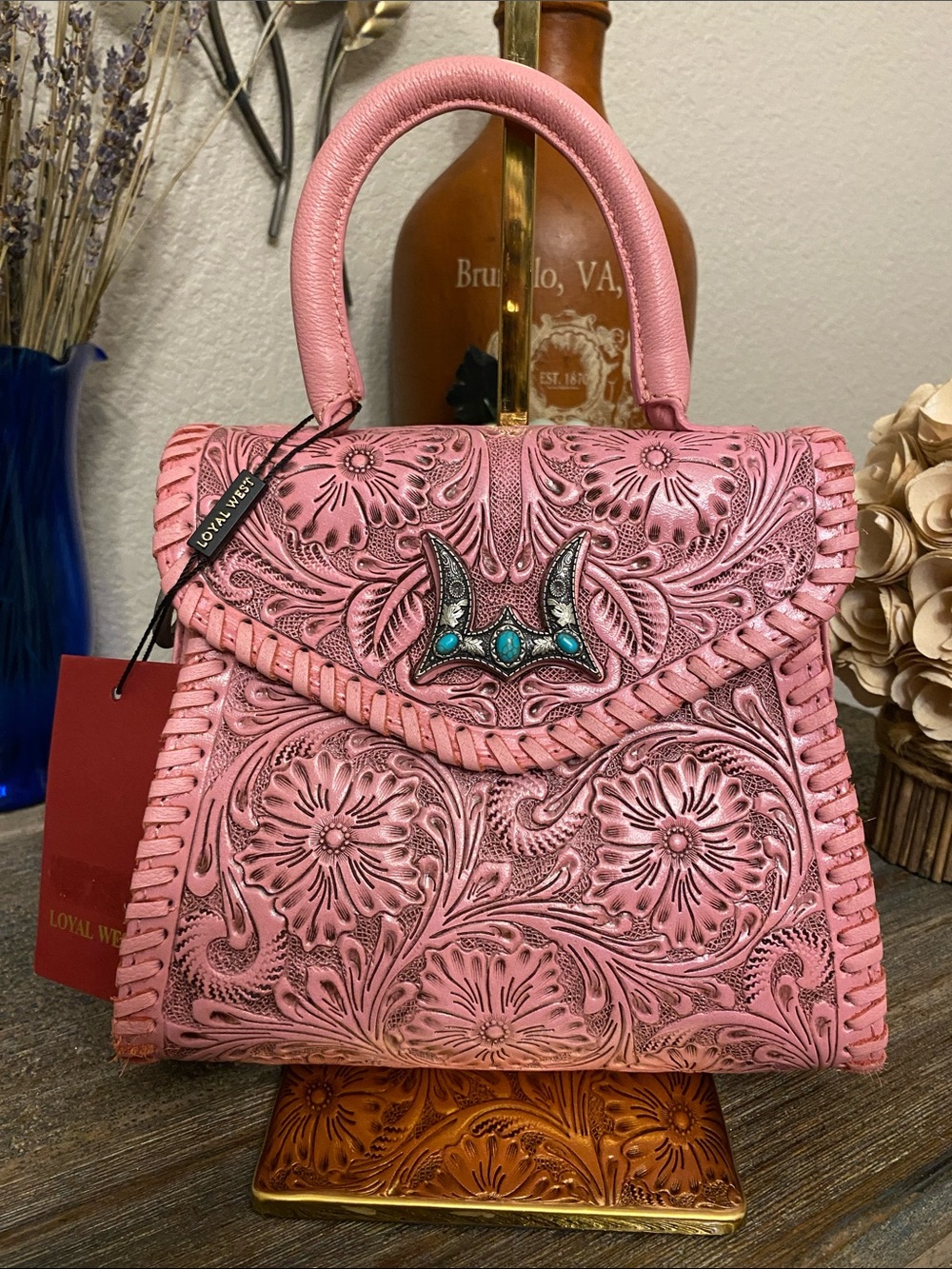 NWT LOYAL WEST LEON MINI HANDLE PURSE - PINK HANDTOOLED LEATHER & CALFSKIN